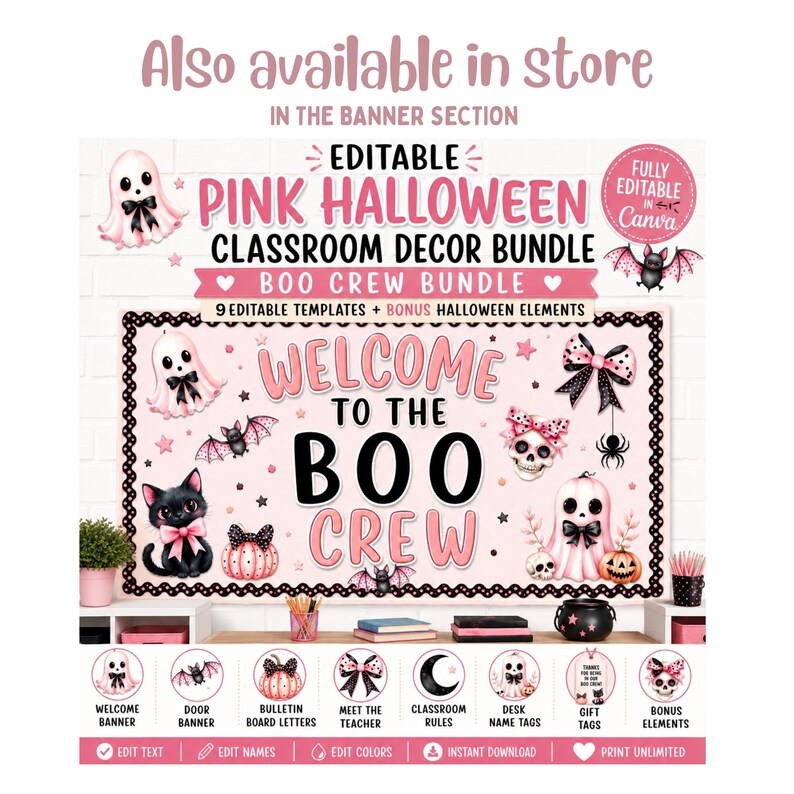 Peut inclure: Un ensemble de d&eacute;coration de classe Halloween rose modifiable avec le texte Welcome to the Boo Crew. Le design comprend des illustrations de fant&ocirc;mes, chauves-souris, chat noir, cr&acirc;nes, citrouilles et araign&eacute;es en rose et noir, avec neuf mod&egrave;les.