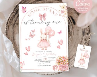 Invitation d'anniversaire de certain lapin, premier anniversaire de lapin, invitation modifiable pour un premier anniversaire de lapin, modèle d'invitation un anniversaire lapin rose, invitation de lapin