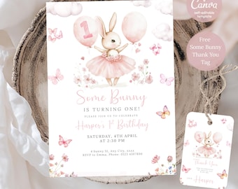 Some Bunny is One Birthday Invitation Template, Pink Floral Bunny First Birthday, Editable Pink Bunny is One Birthday Invitation Template