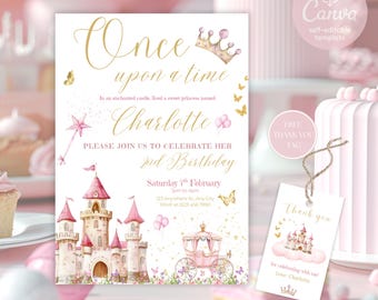 Invitación de cumpleaños de princesa, plantilla de invitación de castillo mágico, Érase una vez, cumpleaños de niña, fiesta de castillo rosa, plantilla digital editable