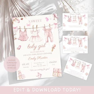 Boho Girl Clothesline Baby Shower Invitation, Sweet Baby Girl Invitation Template, Girl Baby Shower Invite, Editable Baby Shower Floral