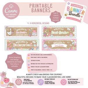 Peut inclure: Un ensemble de quatre banni&egrave;res de classe horizontales imprimables dans un mod&egrave;le Canva modifiable. Les designs pr&eacute;sentent des couleurs pastel, des graphiques sur le th&egrave;me de l'&eacute;cole et du texte incluant Welcome to Mrs Smith's 2nd Grade Class.