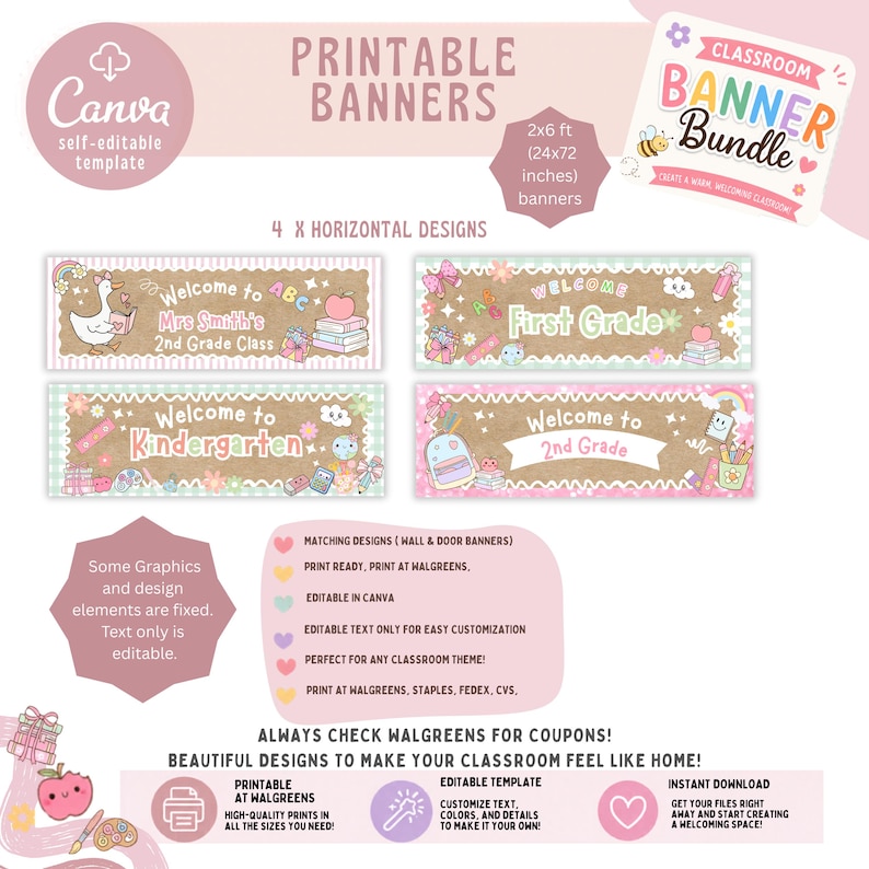 Peut inclure: Un ensemble de quatre banni&egrave;res de classe horizontales imprimables dans un mod&egrave;le Canva modifiable. Les designs pr&eacute;sentent des couleurs pastel, des graphiques sur le th&egrave;me de l'&eacute;cole et du texte incluant Welcome to Mrs Smith's 2nd Grade Class.