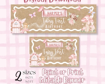 Fairy First Birthday Banner Template, Editable Pink Banner, Girl 1st Birthday Party Decor, Fairy Garden Backdrop, Canva Printable Banner