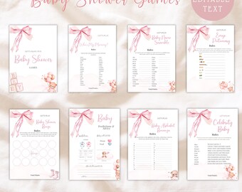 Paquete de juegos para baby shower con lazo rosa, paquete de juegos imprimibles para baby shower, paquete de juegos personalizados para baby shower de niña, descarga instantánea editable.