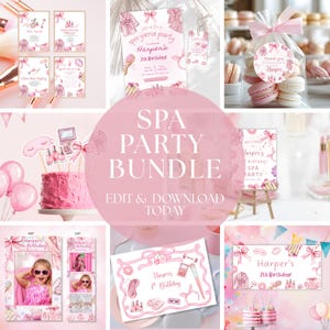 Op de afbeelding: Een roze spa-feestpakket met uitnodigingen, decoraties en een taart. De uitnodigingen bevatten spa-thema-illustraties en tekst. De taart is versierd met spa-gerelateerde items. De tekst "SPA PARTY BUNDLE" is prominent aanwezig.