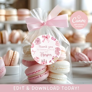 Etiquetas de recuerdo para fiesta de spa, pegatinas de cumpleaños para niñas, imprimibles para fiesta de maquillaje glamuroso, colección para fiesta de spa, descarga instantánea editable.