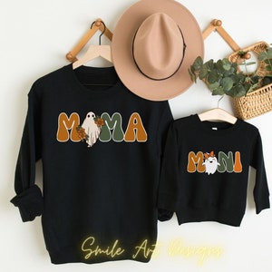 Mommy and Me Matching Retro Halloween Spooky Mama Spooky Mini Shirts Cute Halloween Sweatshirts for Mom and Mini Halloween Outfits Gift