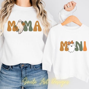 Mini magliette retrò abbinate per Halloween, per mamma e bambino, mini magliette spettrali per Halloween, semplici ma divertenti.