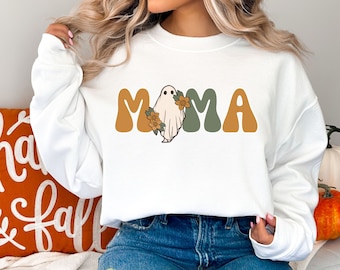 Spooky Ghost Mama Crewneck Halloween Sweatshirt Cute Halloween Shirt for Mom Retro Spooky Mama Sweater Gift For Mom.
