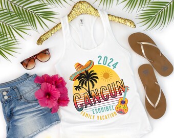 Custom Family Vacation 2025 Tank Top Retro Sunset Personalized Matching Racerback Tee Beach Trip Group Vacation Shirts Cancun Racerback Tank