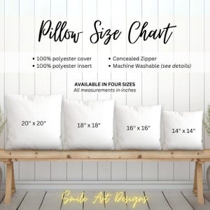 May include: A size chart for pillow covers, showing four different sizes: 20 inches by 20 inches, 18 inches by 18 inches, 16 inches by 16 inches, and 14 inches by 14 inches. The chart also lists the pillow cover material: 100% polyester cover and 100% polyester insert. The chart also lists the zipper type: concealed zipper and the washing instructions: machine washable.