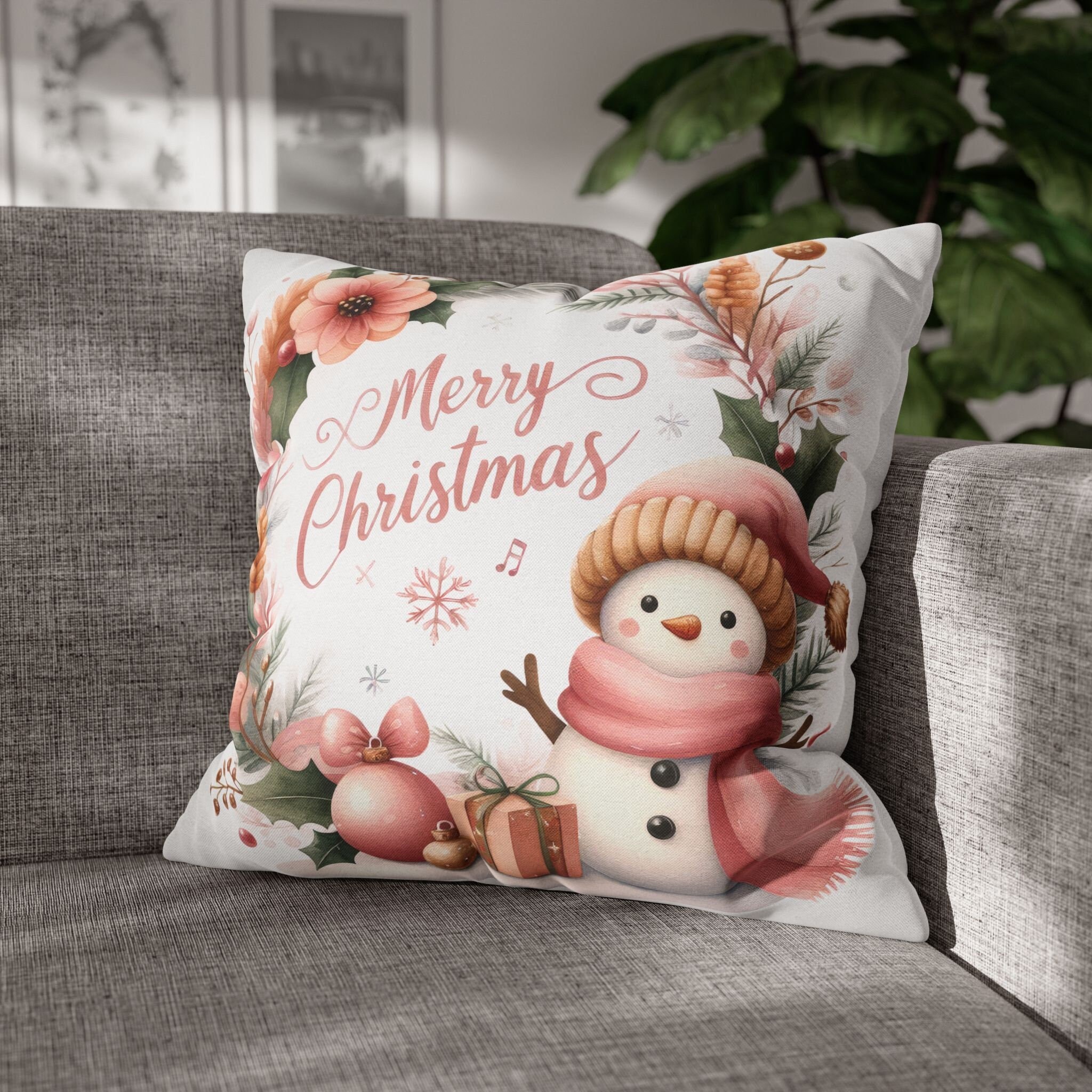 Pink Christmas Pillow for Living Room Pillow Covers Snowman Throw…