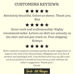 May include: Five-star customer reviews for a seller on Etsy. The reviews highlight the quality of the product, the seller's responsiveness, and the speed of shipping. The reviews are from Kim, Kristyn, and Carole.