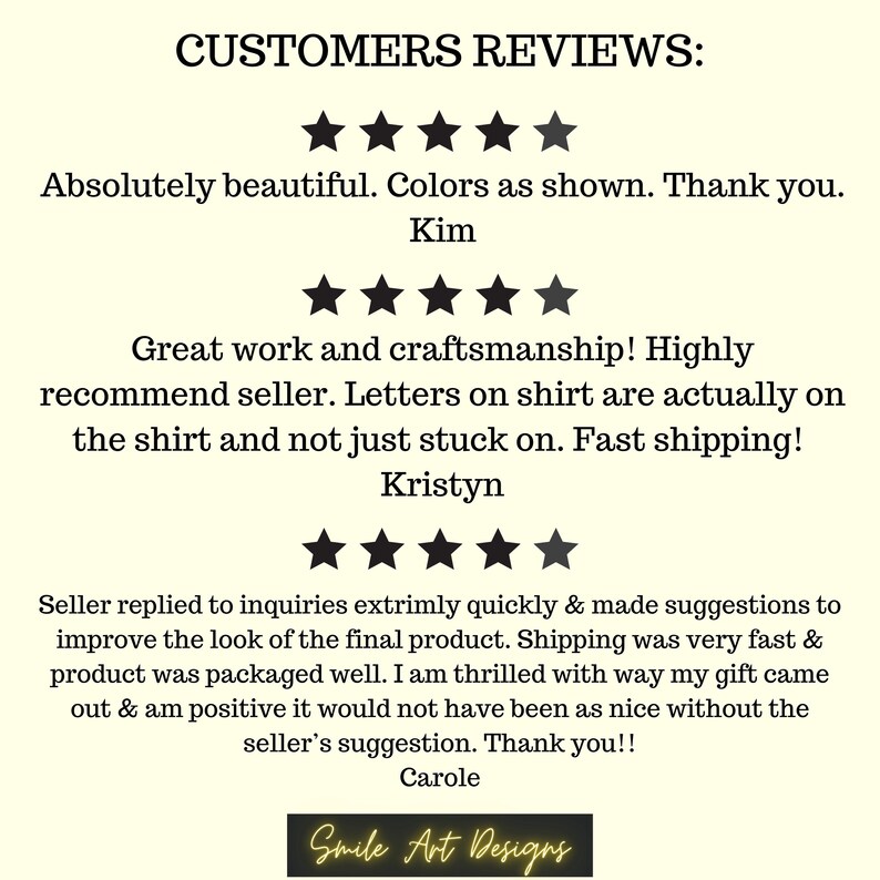 May include: Five-star customer reviews for a seller on Etsy. The reviews highlight the quality of the product, the seller's responsiveness, and the speed of shipping. The reviews are from Kim, Kristyn, and Carole.