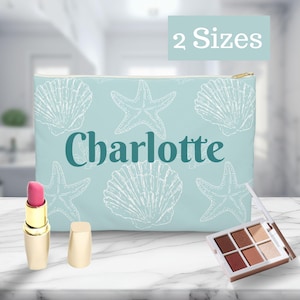 Custom Makeup Bag Personalized Seashell Cosmetic Case Large Purse Travel Organizer with Zipper Pouch Coastal Custom Clutch for Women Gift