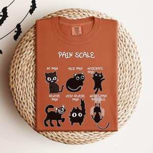 Puede incluir: Camiseta de color óxido con un gráfico de una escala de dolor con gatos de dibujos animados. La escala va de "Sin dolor" a "Peor dolor posible". La camiseta está doblada sobre una superficie circular tejida.