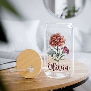 Bridesmaid Gift Personalized Birth Flower Tumbler Custom Coffee Cup With Name Gift for Her Iced Coffee Glass Tumbler Party Favor Gift Ideas