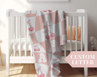 Custom Baby Blanket Personalized Crib Coquette Blanket Pink Cherries Baby Girl Blanket Newborn Pink Bedding  Baby Shower Gift Nursery Decor