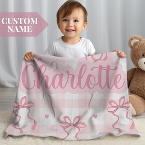 Manta de cuna con nombre personalizado, coqueta con lazo rosa, manta para niña recién nacida, ropa de cama rosa, regalo personalizado para baby shower, decoración personalizada para guardería de niños pequeños