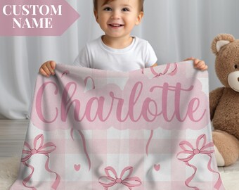 Custom Baby Blanket Personalized Crib Coquette Pink Bow Baby Girl Blanket Newborn Pink Bedding Baby Shower Gift Custom Nursery Decor