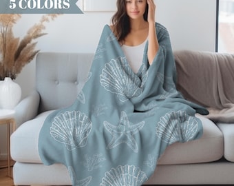 Seashell Blanket Coastal Home Decor Beach House Throw Blanket Nautical Bedroom Accent Ocean Theme Sofa Blanket Gift for Her Airbnb Decor