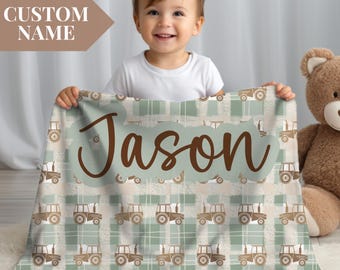 Toddler Name Blanket Custom Newborn Blanket Checkered Baby Bedding Personalized Gift for Baby Nephew Nursery Decor Keepsake Blanket for Boy