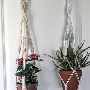 May include: Two macrame plant hangers with terracotta pots and plants. The left hanger is white with pink accents and holds a green plant with pink flowers. The right hanger is white with green accents and holds a green succulent.