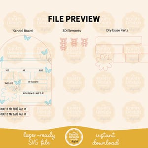 May include: A laser-ready SVG file preview featuring a school board design with 3D elements and dry erase parts. The school board has spaces for date, age, height, and other information, with butterfly and flower accents. Text includes "Today is my first day of" and "Today is my last day of."