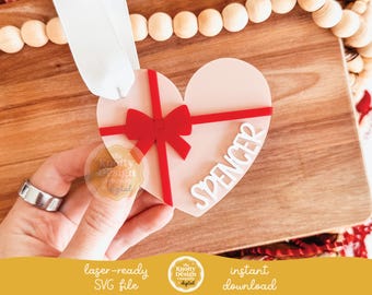 Etiqueta de San Valentín con lazo de corazón (archivo láser), etiqueta SVG, etiqueta de San Valentín (archivo láser), etiqueta de corazón acrílico (SVG), uso comercial