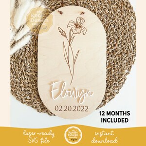 Letrero de banderín con flor de nacimiento SVG, archivo láser para letrero de anuncio de nacimiento, archivo láser para letrero del Día de la Madre, letrero con flor de nacimiento SVG, uso comercial gratuito