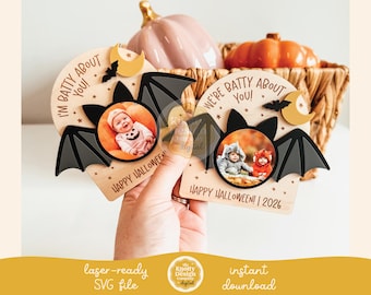Imán de marco de fotos de Halloween SVG, imán de foto de murciélago SVG, archivo de imán de otoño SVG, archivo láser de Halloween, imán SVG, uso comercial gratuito