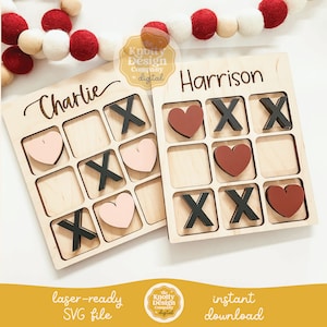 May include: Two wooden tic-tac-toe boards with personalized names "Charlie" and "Harrison". Each board has nine squares with alternating hearts and X's. The hearts are in pink, red, and brown.