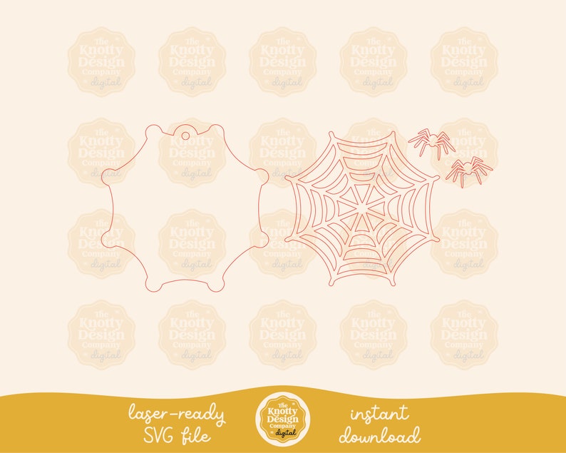 Pu&ograve; includere: Un disegno a linea rossa di una ragnatela con due ragni, una forma di tag vuota e il testo "laser-ready SVG file" e "instant download".