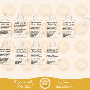 May include: A digital SVG file featuring multiple cutting board designs with text. Each design is a recipe for a family member, such as "Perfect Mom" or "Perfect Grandma." The designs include a rolling pin and bow graphic.