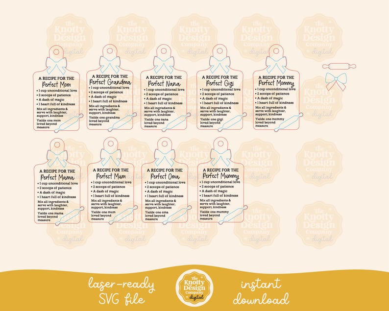May include: A digital SVG file featuring multiple cutting board designs with text. Each design is a recipe for a family member, such as "Perfect Mom" or "Perfect Grandma." The designs include a rolling pin and bow graphic.