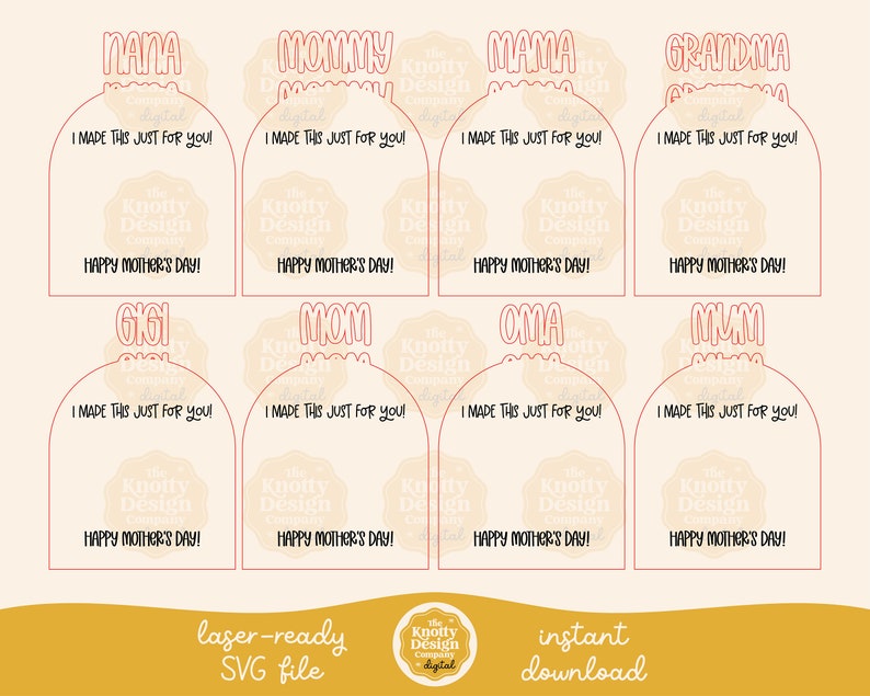 Op de afbeelding: Acht printbare Moederdaggeschenken met verschillende namen, waaronder Nana, Mommy, Mama, Oma, Gigi, Mom, Oma en Mum. Elk label heeft een roze omtrek en de tekst "Ik heb dit speciaal voor jou gemaakt! Fijne Moederdag!"