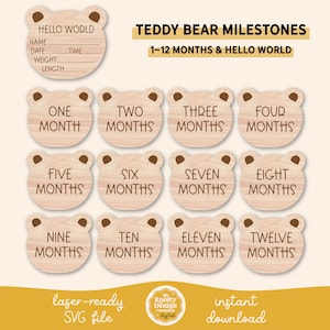 Ours en peluche jalon ensemble fichier SVG, bébé jalon ensemble SVG, fichier laser bébé jalons mensuels, bébé jalon cartes SVG, usage Commercial gratuit