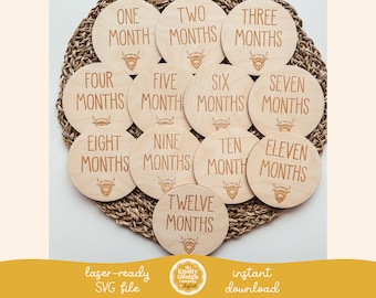 Highland Cow Milestone Set SVG File, Baby Milestone Set SVG, Baby Monthly Milestones Laser File, Baby Milestone Cards SVG, Commercial Use