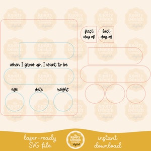 May include: A printable digital download for a memory book page. The page has a light brown background with a light blue and red border. The page has text that says "when I grow up, I want to be" and has spaces for the user to fill in their age, date, height, and the first and last day of something.