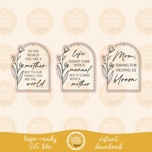 May include: Three printable Mother's Day cards with floral designs and text. The first card says "To the world you are a mother, but to our family, you are the world". The second card says "Life doesn't come with a manual, but it comes with a mother". The third card says "Mom, thanks for helping us bloom".
