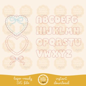 May include: A digital download of a laser-ready SVG file featuring a set of alphabet letters in a heart shape. The letters are outlined in red and the hearts are filled with a light pink color. The letters are in uppercase and are in a bubble font style.