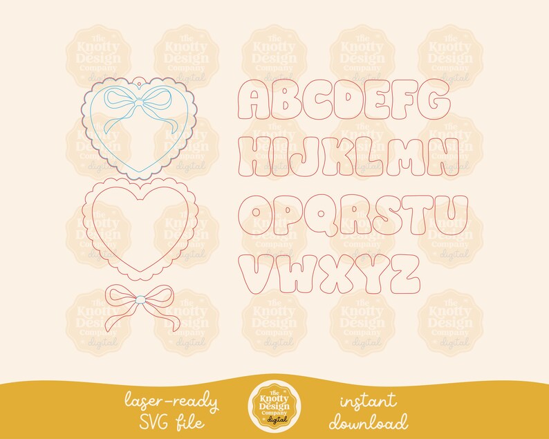 May include: A digital download of a laser-ready SVG file featuring a set of alphabet letters in a heart shape. The letters are outlined in red and the hearts are filled with a light pink color. The letters are in uppercase and are in a bubble font style.