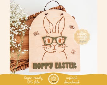 Letrero SVG de conejito de Pascua alegre, archivo láser de letrero de conejito de Pascua, archivo láser de conejito con gafas, SVG de Pascua, letrero láser SVG, uso comercial gratuito