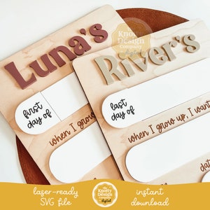 May include: Two wooden signs with white backgrounds and brown text. The signs are for a baby's first and last day of school. The signs say "Luna's first day of" and "River's last day of".