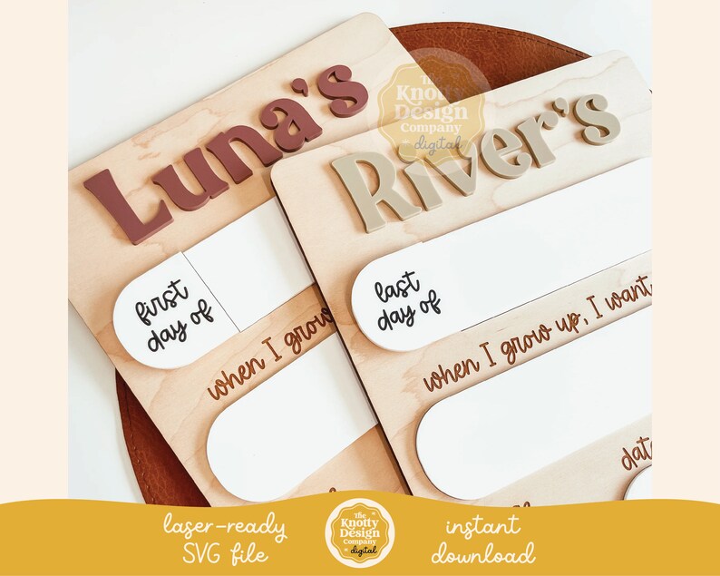 May include: Two wooden signs with white backgrounds and brown text. The signs are for a baby's first and last day of school. The signs say "Luna's first day of" and "River's last day of".