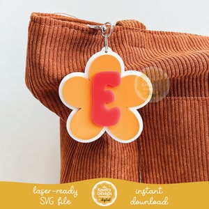Retro Letter Flower Backpack Tag Laser SVG File, Groovy Backpack Tag SVG, Back To School SVG, Kid&#39;s Bag Tag Laser File, Free Commercial Use