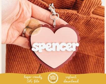 Etiqueta para mochila con forma de corazón festoneado (archivo SVG para láser), etiqueta inicial para mochila (archivo SVG), etiqueta para mochila de regreso a clases (archivo SVG), etiqueta para bolso infantil (archivo para láser), uso comercial gratuito.