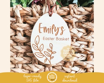 Easter Egg Basket Tag SVG, Easter Egg Tag Met Bladeren Laserbestand, Easter SVG, Easter Laser File, Easter Basket Tag SVG, gratis commercieel gebruik