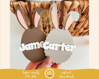 Bunny Ear Egg Easter Basket-tag SVG-bestand, Easter-taglaserbestand, Easter SVG, Easter-laserbestand, Easter Basket-tag SVG, gratis commercieel gebruik